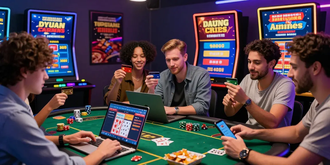 Friends enjoying a lively online gaming session exploring casinos that accept credit cards with laptops and smartphones.