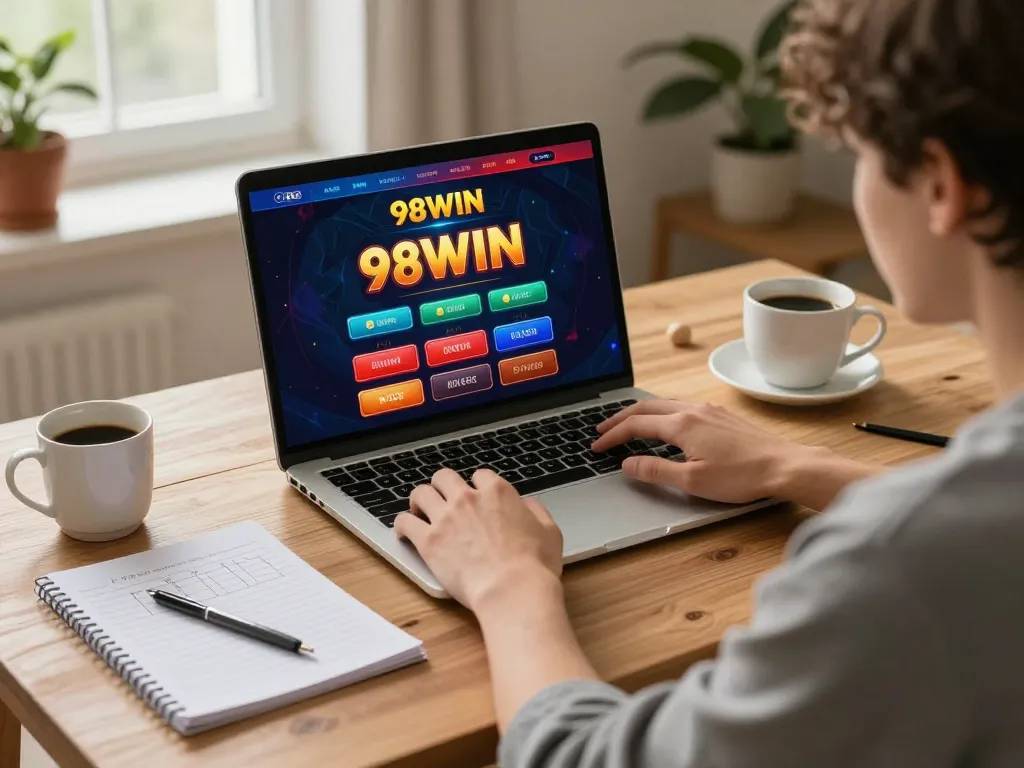 Experience link vào 98win with immersive online gaming on a laptop in a cozy home setting.