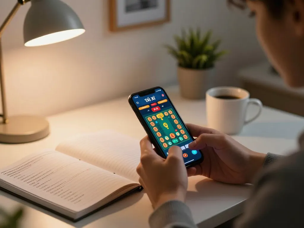 Tài Xỉu online gaming session on smartphone with strategic notes at home workspace