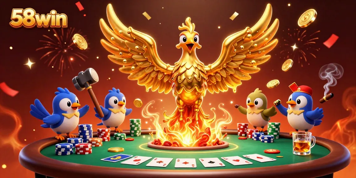 Experience top-tier gaming excitement at 58win with a dazzling illustration of a phoenix and poker elements.