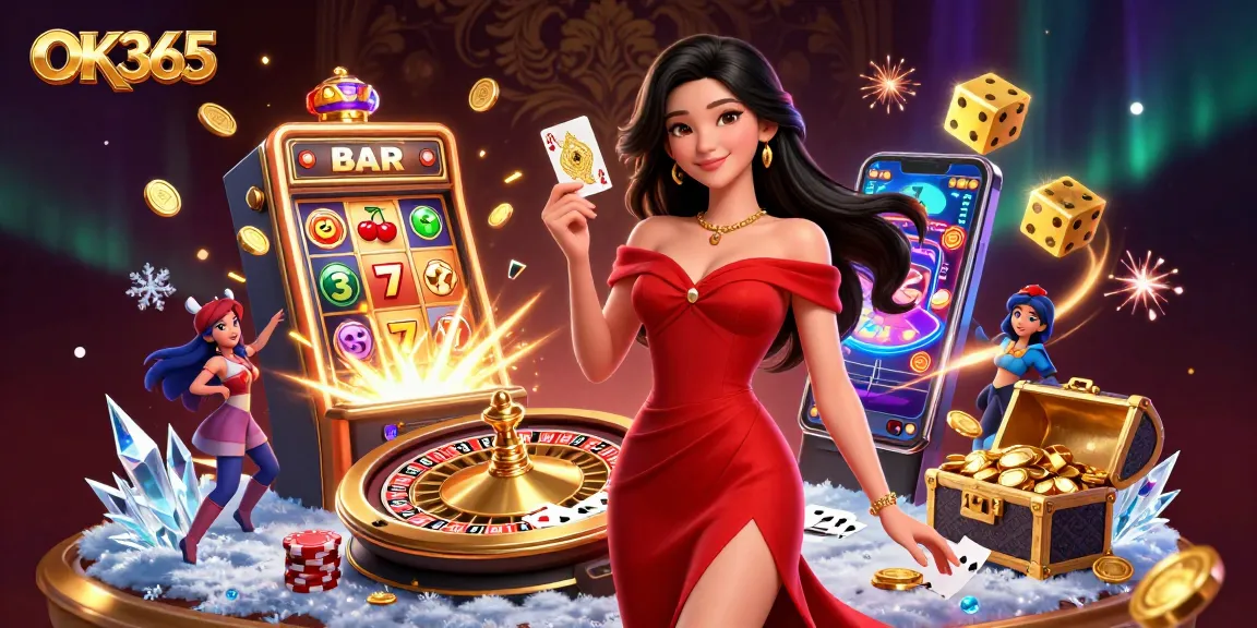 Experience the thrill of OK365 with a stunning casino scene featuring dynamic games and vibrant energy.