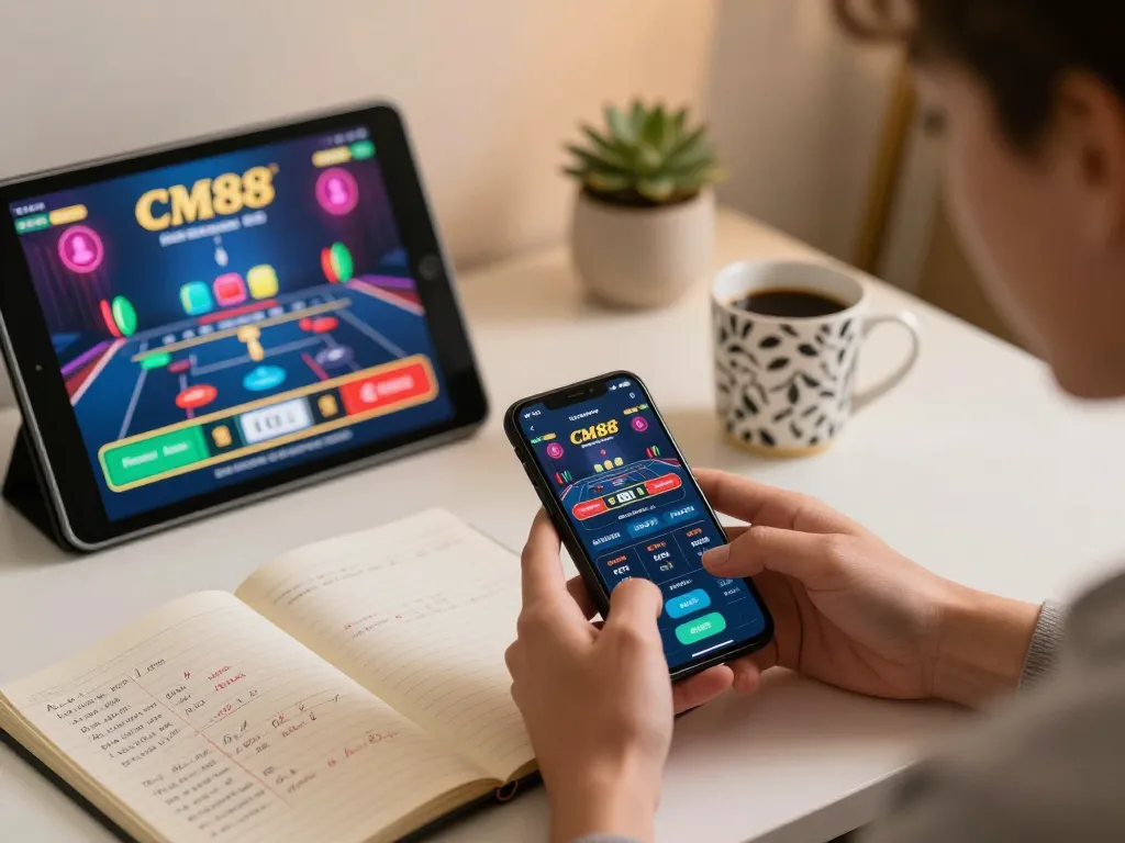 Engaging with cm88's casino app on mobile while analyzing strategies in a cozy space