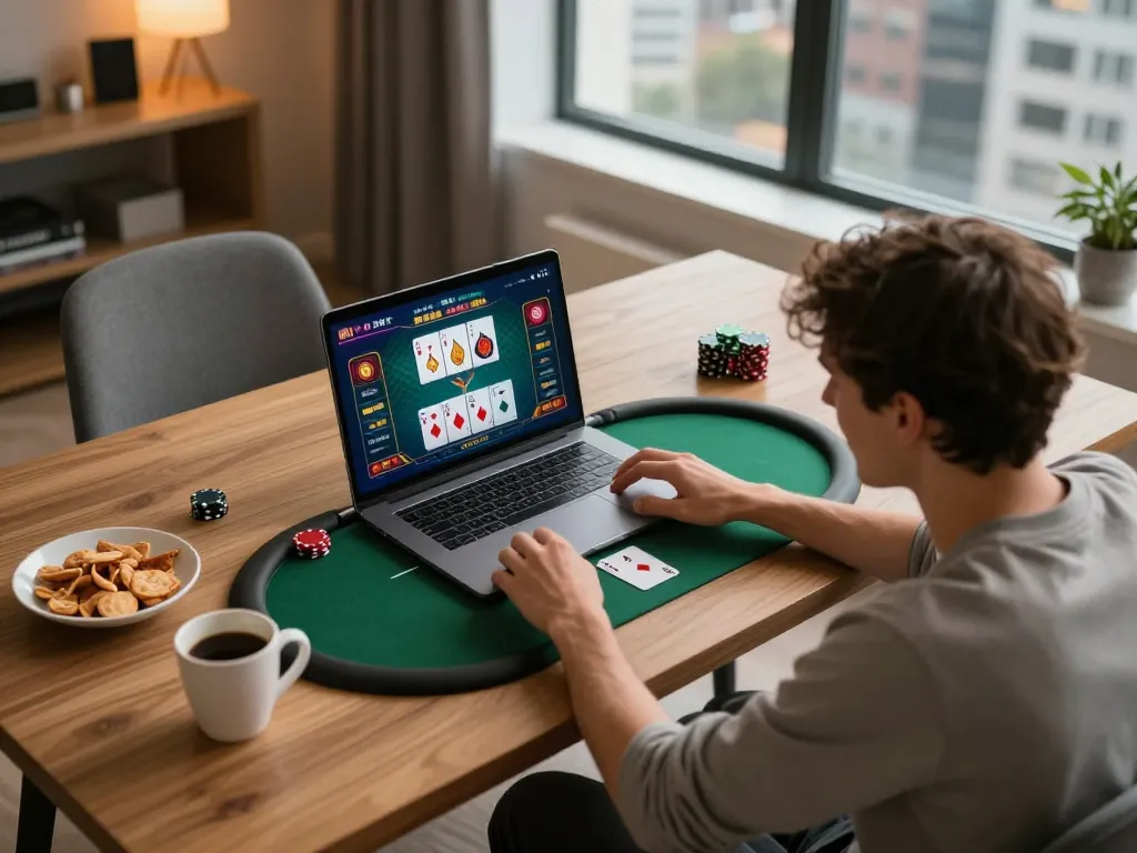 Engage with link tải au88 through exciting online poker setup, showcasing vibrant game interface and cozy atmosphere.