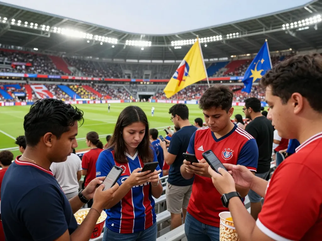 Fans analyzing tỷ lệ kèo bóng đá at a football stadium with team jerseys and vibrant atmosphere.