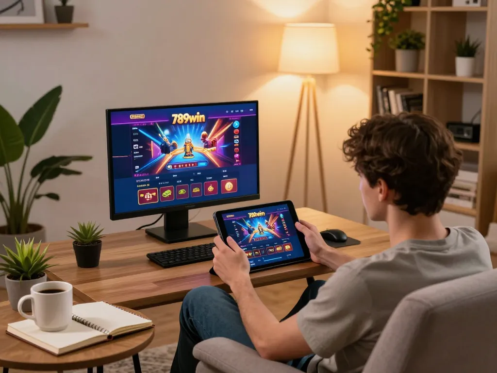Playing online casino games on a tablet at home, link vào 789win presents a cozy gaming experience.