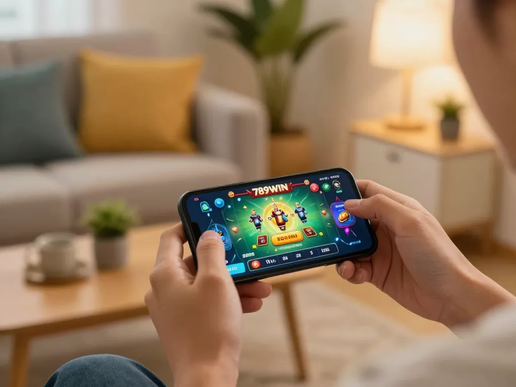 Enjoying a thrilling moment with the 789WIN app for mobile betting in a cozy home setting.