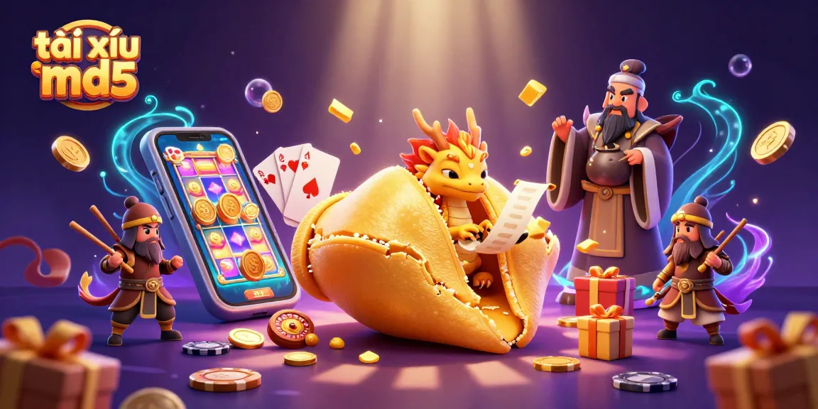 Engage with the dynamic tài xỉu md5 scene featuring a golden fortune cookie, wise dragon, and casino elements.