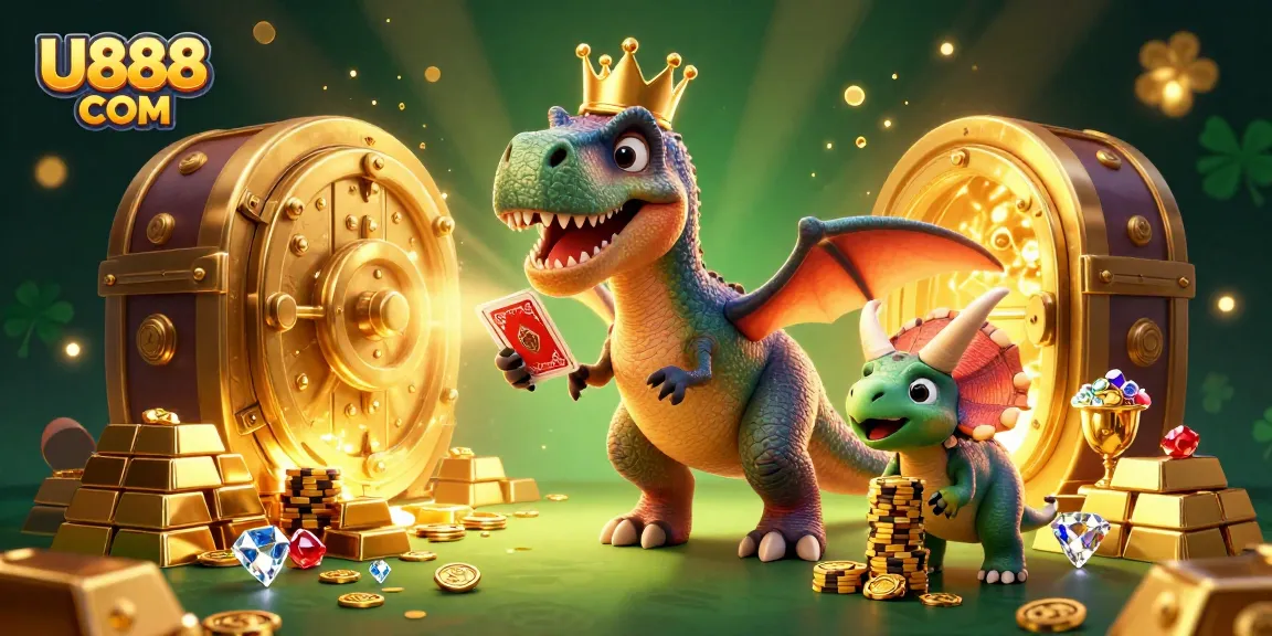 U888 COM showcases a dynamic casino scene with a T-Rex shuffling cards, creating vibrant gameplay energy.
