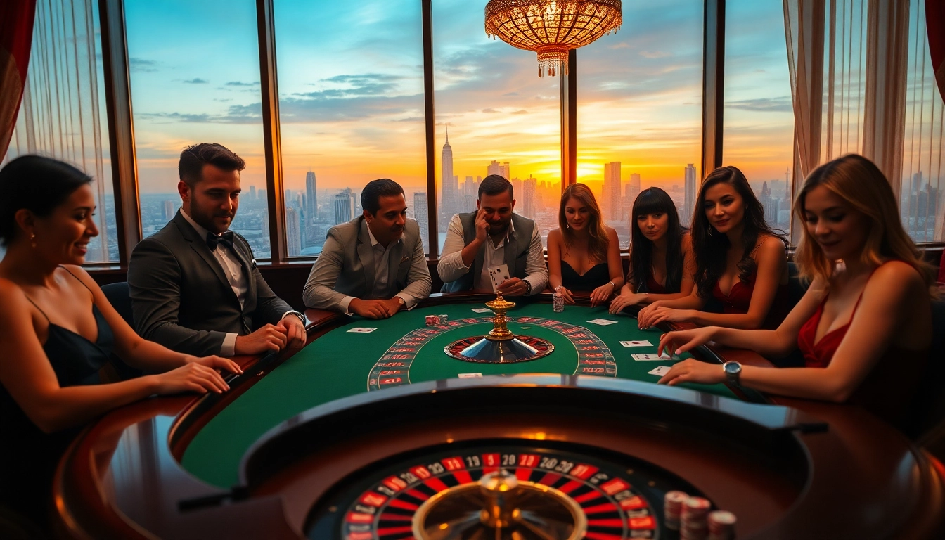 Action-packed sunwin gaming table scene with poker chips and roulette wheel in a stylish casino.