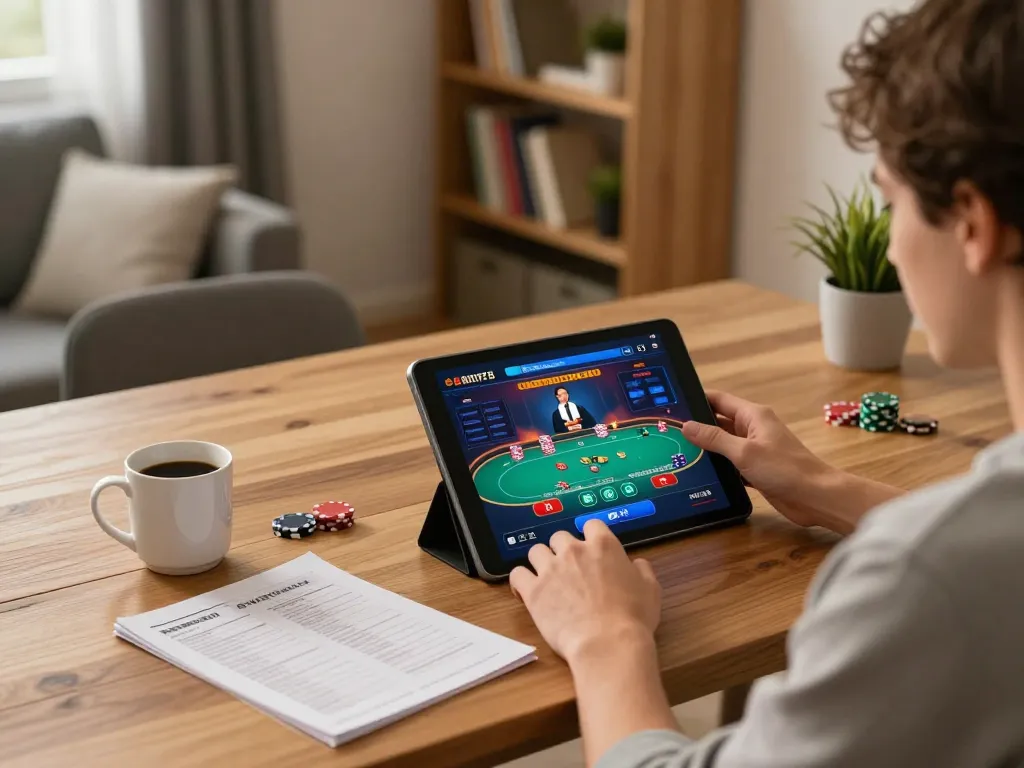 Playing poker online with nk881 on a tablet, showcasing strategy notes in comfortable home setting.