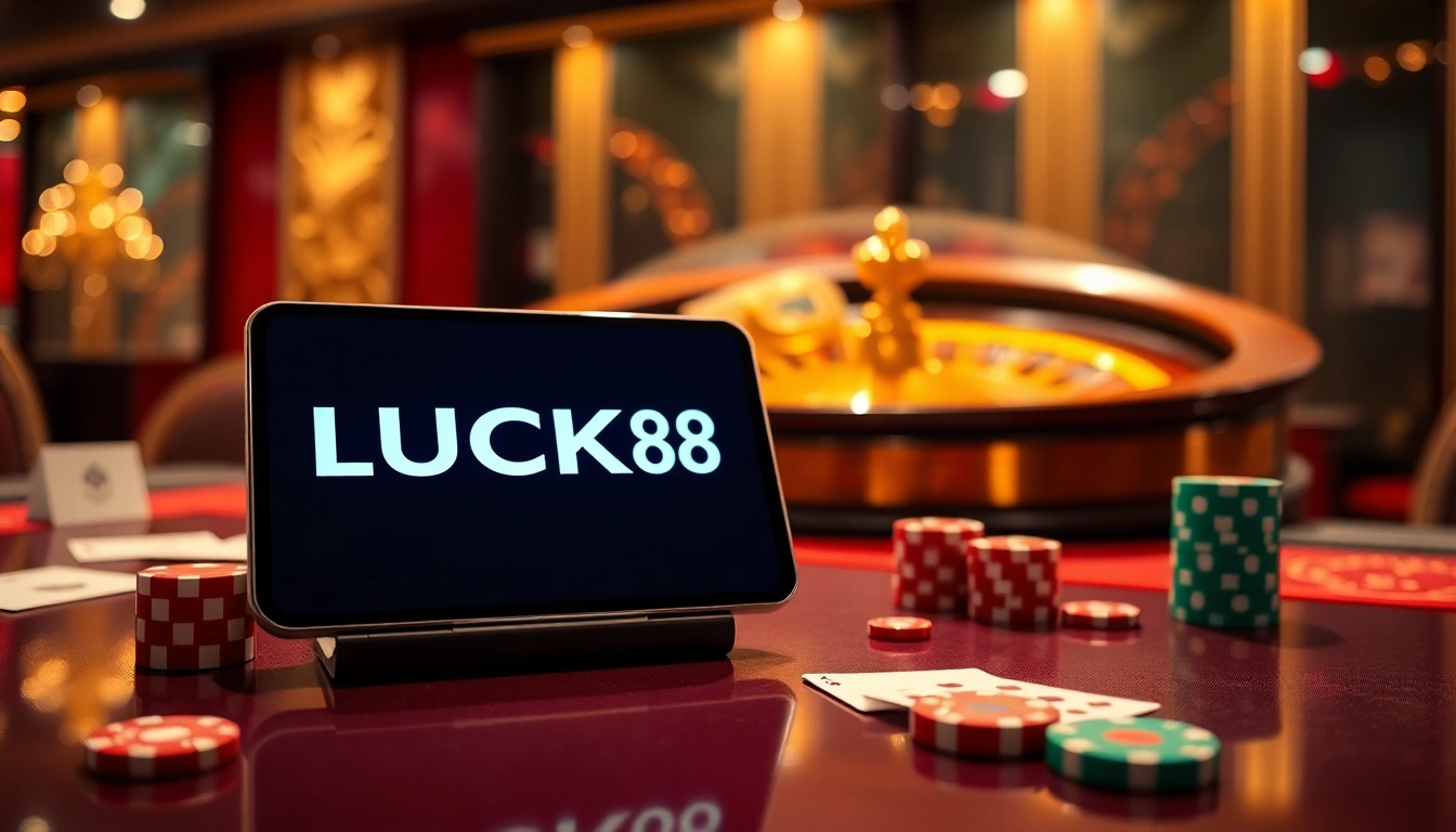 LUCKY88 gaming table showcasing professional poker chips and high-quality cards for online gambling.