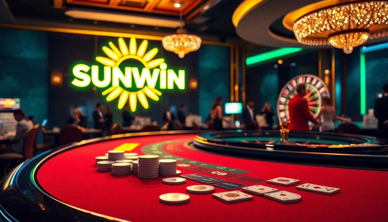 Players enjoying a thrilling game at a sunwin casino table featuring vibrant cards and chips.