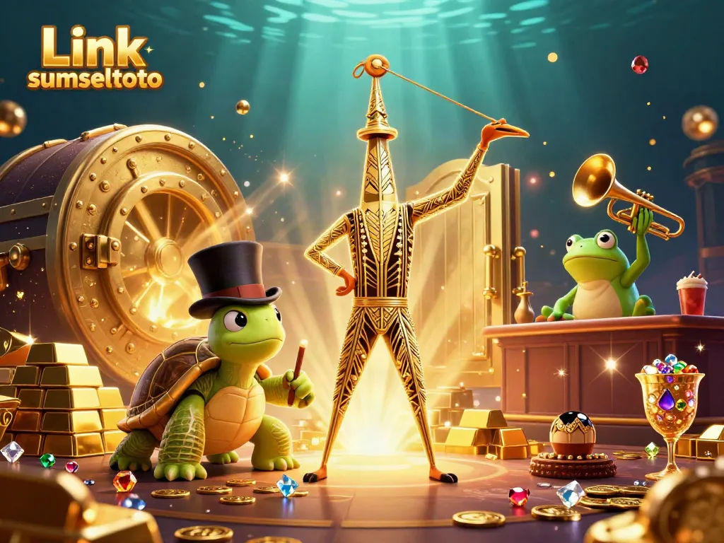 Join the excitement at Link sumseltoto with a dazzling casino scene featuring gold treasures and playful characters.
