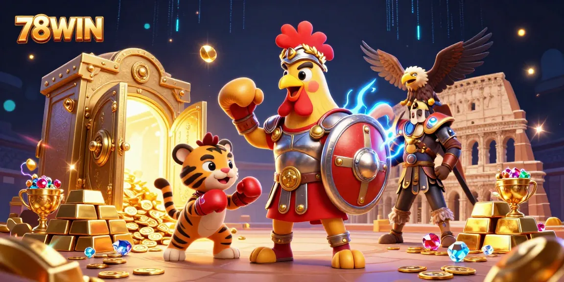 Engage with the exciting world of 78WIN featuring gladiator-themed 3D characters in a vibrant gambling scene.