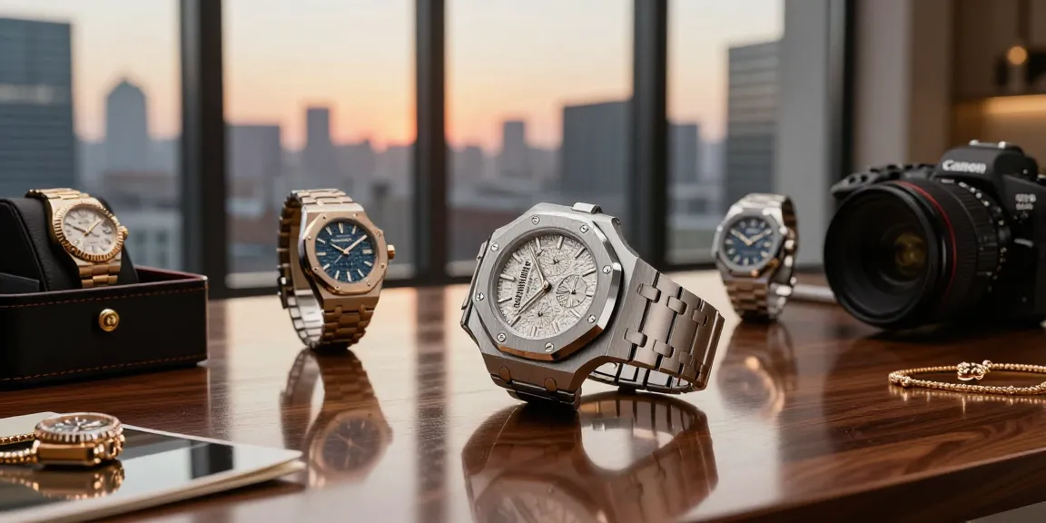 Showcasing luxury replica watches including Audemars Piguet and Rolex in a stylish urban setting, emphasizing quality craftsmanship.