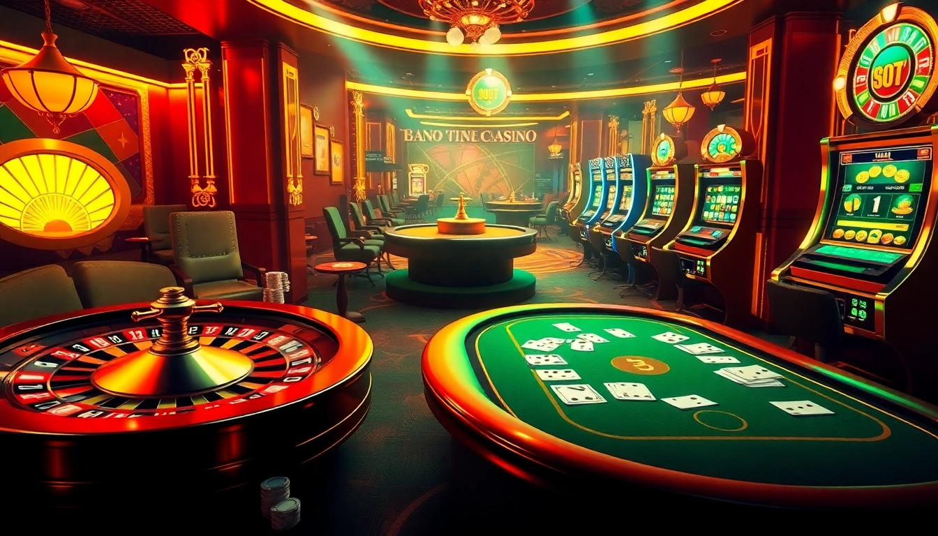 Experience the excitement of gambling at https://gg88vn.asia/ with a vibrant casino scene showcasing slot machines and poker tables.