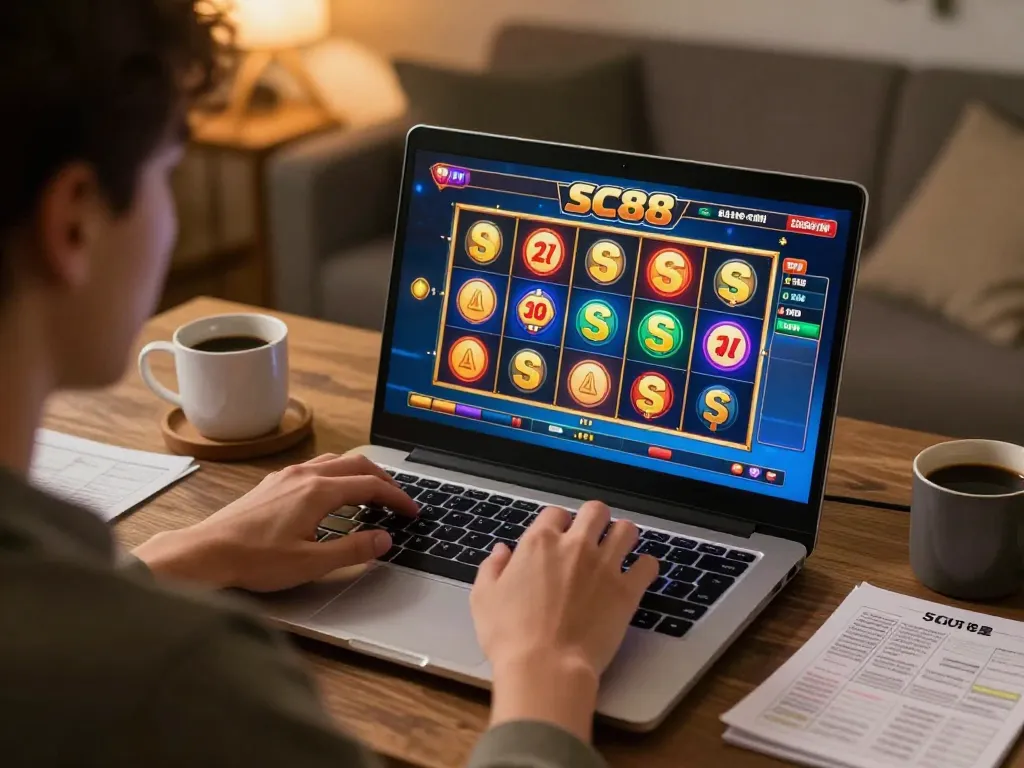 Player enjoying sc88 slots on a laptop with vibrant reels and warm home ambiance.