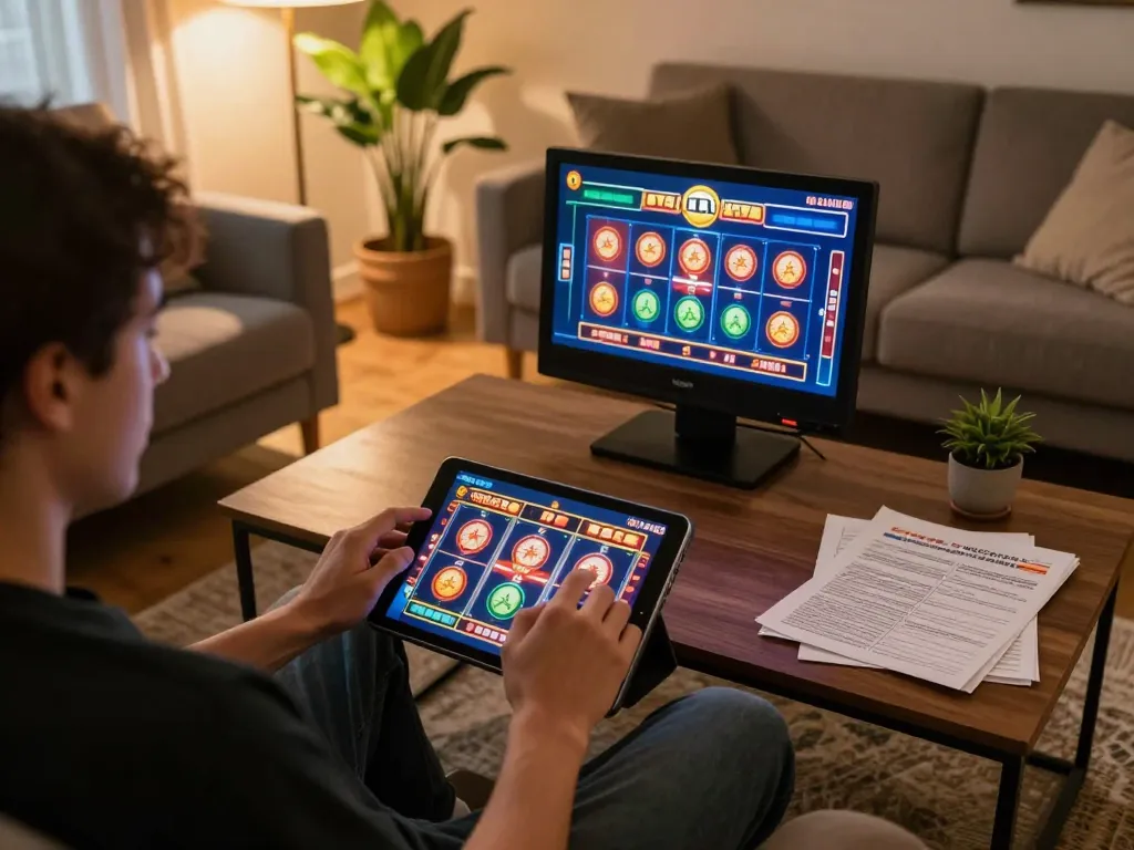 Engaging in online casino gameplay on luck8 via tablet in a cozy home setting.