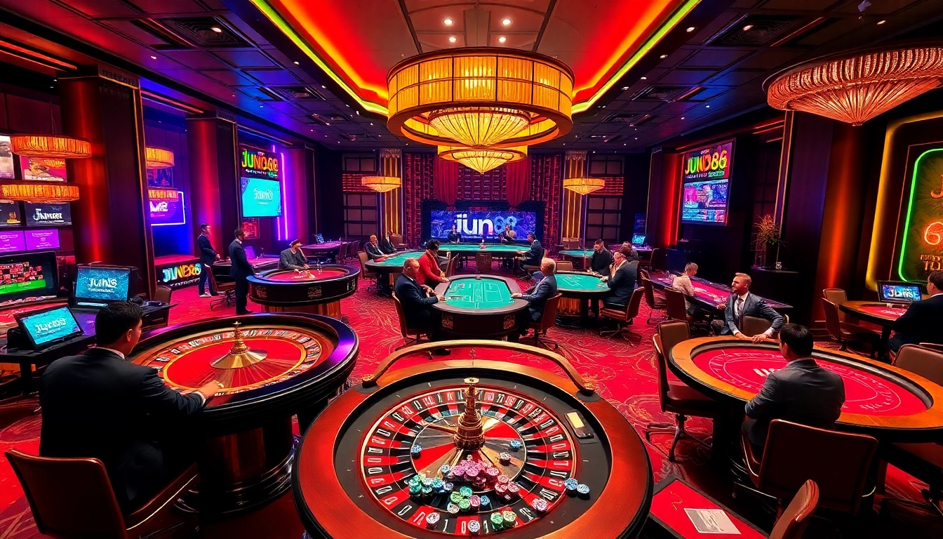Experience high-stakes action at Jun88's luxurious casino with players and dealers.