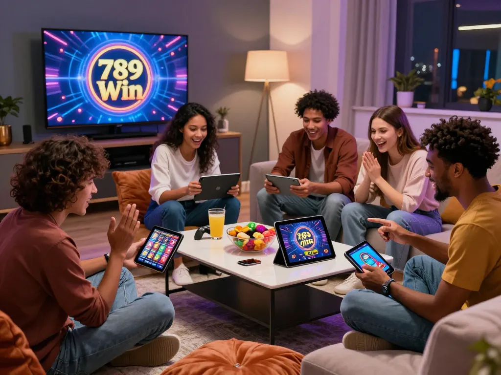 Friends enjoying a gaming night on the 789 Win platform, showcasing excitement and interaction.