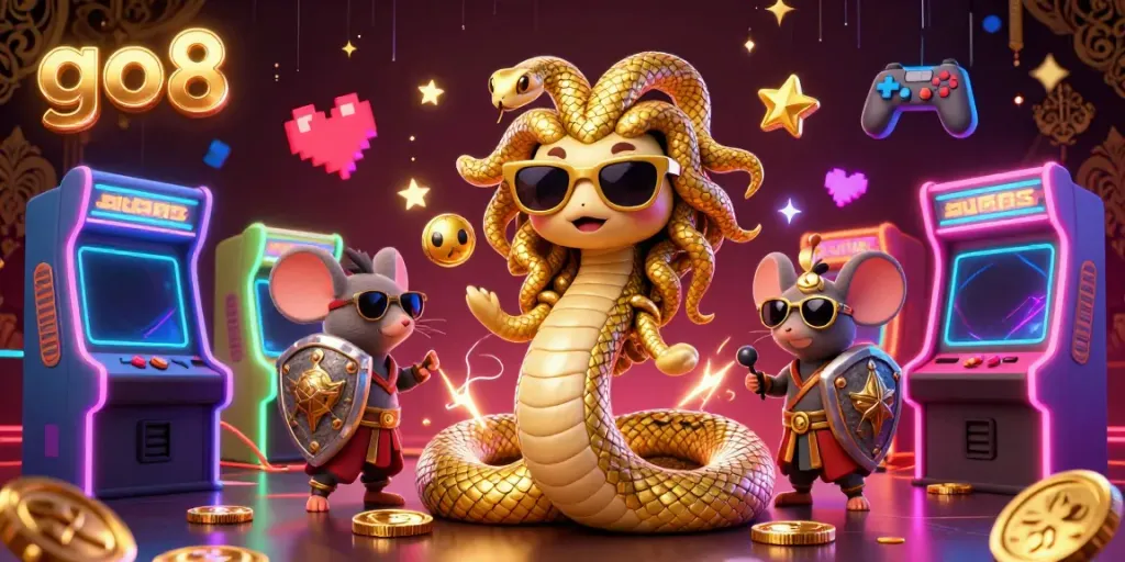 Engage with exciting games on go8, featuring Medusa and gaming elements in a vibrant casino atmosphere.