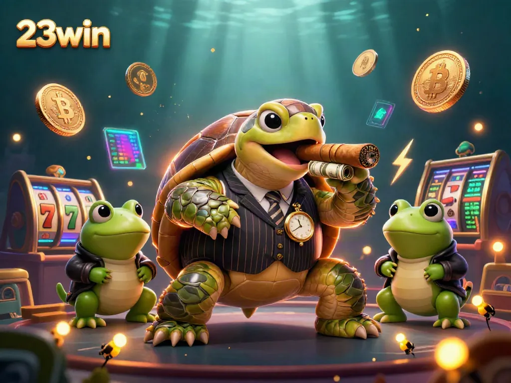 Experience thrilling slots action with 23win in a vibrant casino scene featuring unique characters and crypto elements.