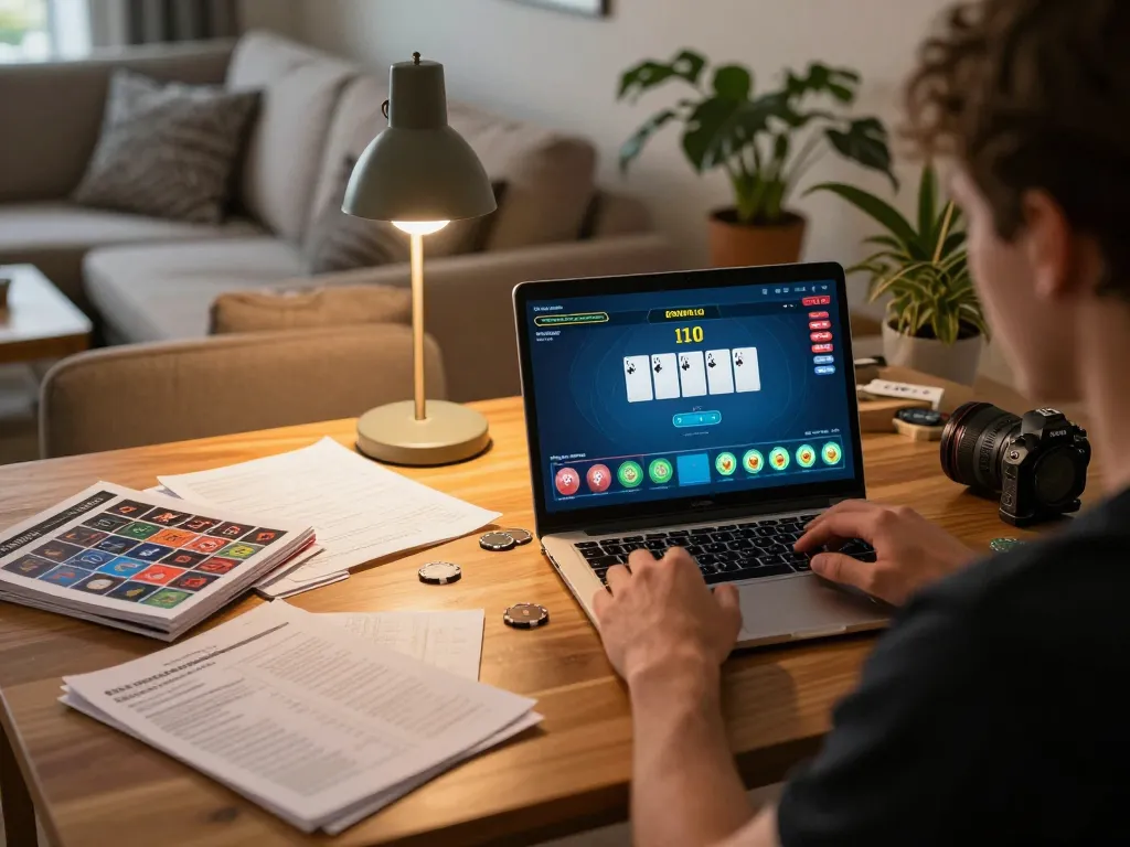Engaging in online poker at https://www.mnm88.com/ with a cozy gaming setup and strategy notes visible