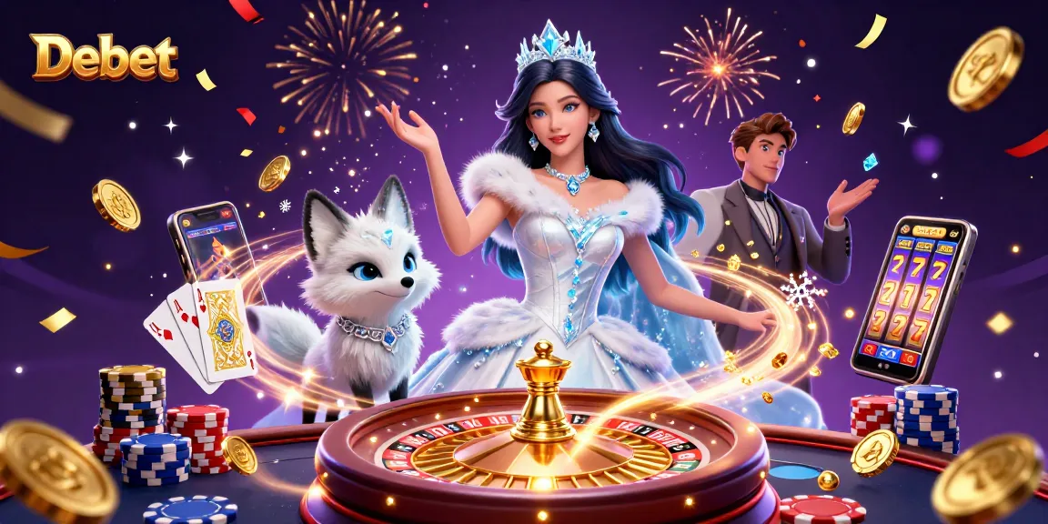 Bet big with Debet in this vibrant casino illustration featuring a stylish woman and a playful arctic fox.