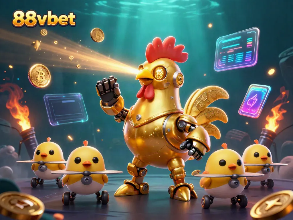 Experience exciting gameplay with 88vbet through its vibrant 3D casino illustration featuring a golden rooster robot.
