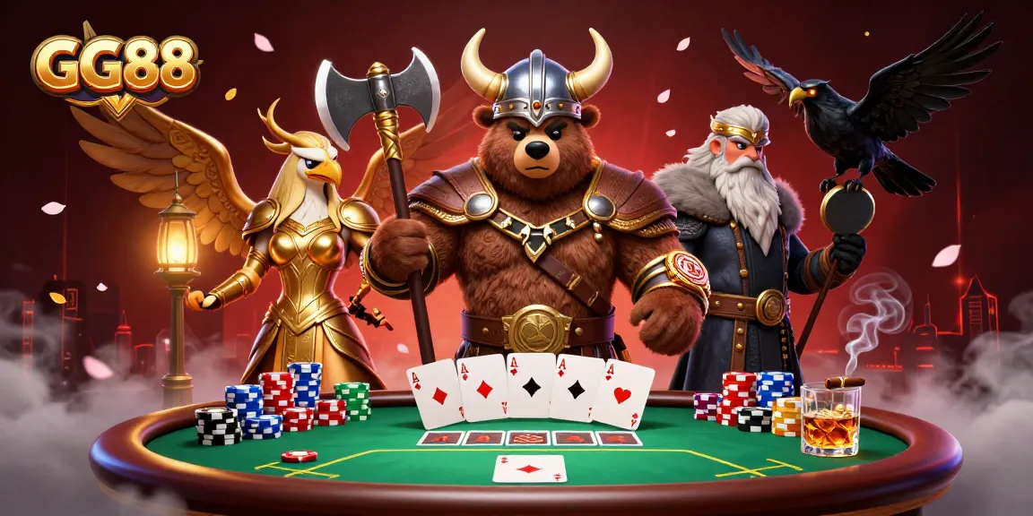 Engage with GG88 in a thrilling poker showdown featuring Viking characters and vibrant game elements.