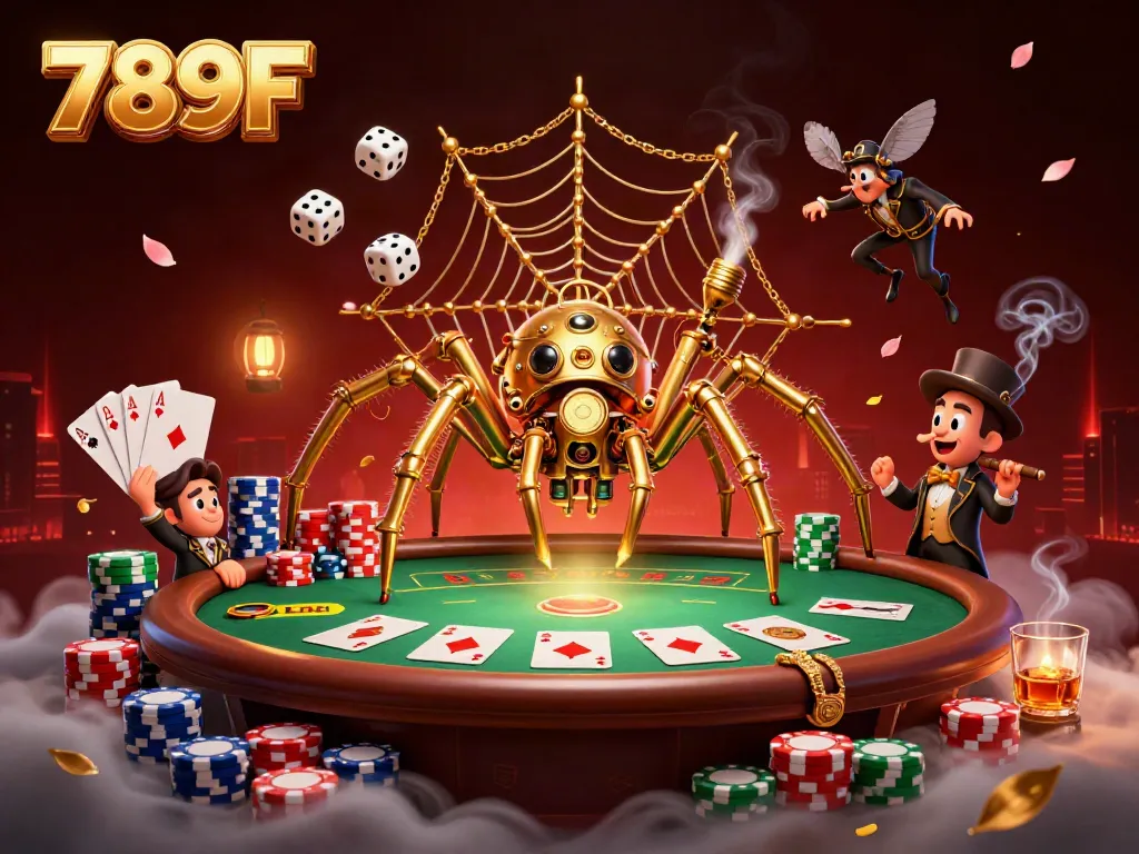 Immerse yourself in the vibrant world of 789F, showcasing a steampunk spider capturing dice at a lavish poker table.