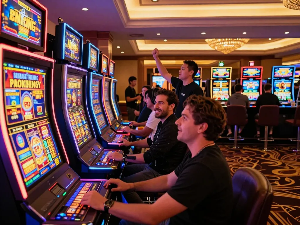 Players celebrating wins at slot machines, showcasing the thrilling AX88 link vào gaming experience.