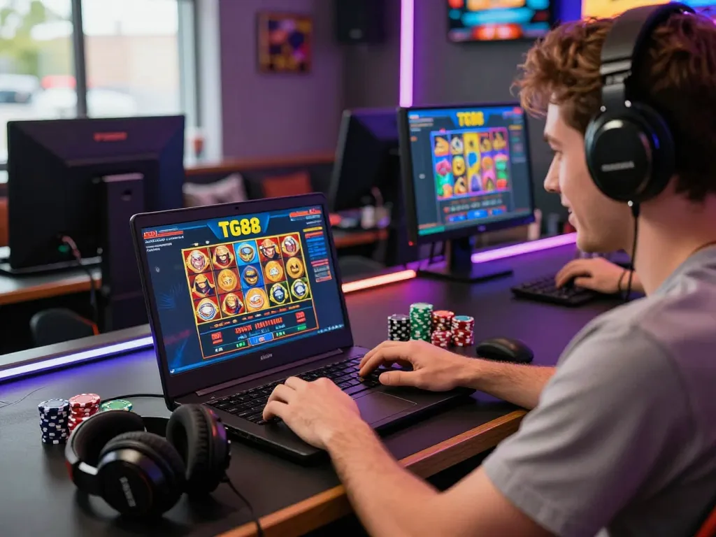 Satisfied player enjoying the dynamic TG88 online gambling experience on a laptop with colorful graphics.
