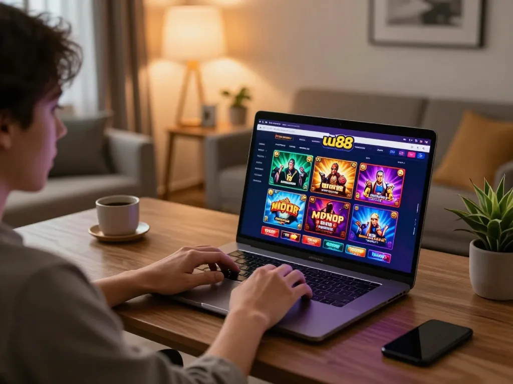 Engaging online gaming experience at uu88 with player enjoying a laptop in a cozy setting.