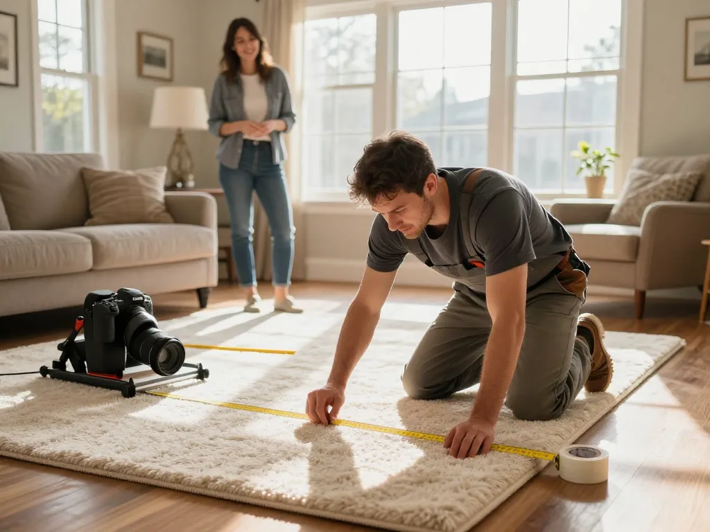 Professional home carpet fitting services in a cozy living room with tools and a satisfied homeowner.