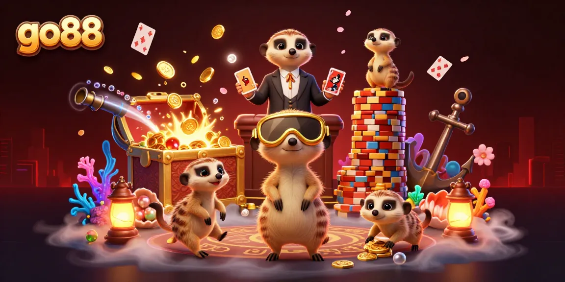 Engage with go88’s lively arcade of meerkats, showcasing a dynamic casino scene with vibrant elements.