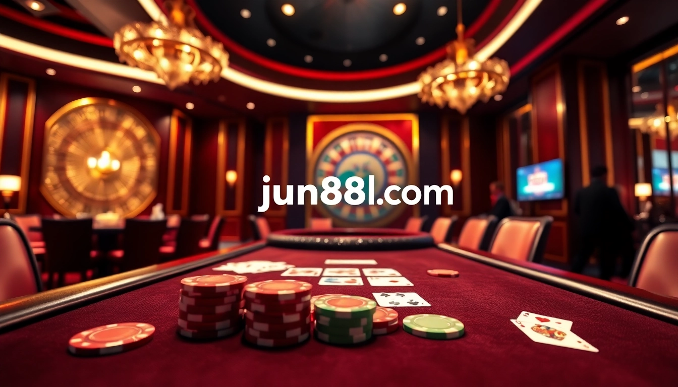 Exciting gameplay at jun88pl.com featuring poker table and vibrant roulette wheel.