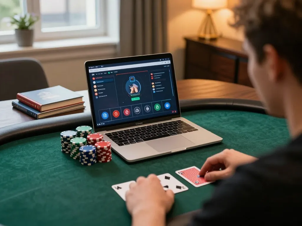 Engage in daftar idn poker strategy with an intense focus on gaming at home using a laptop.