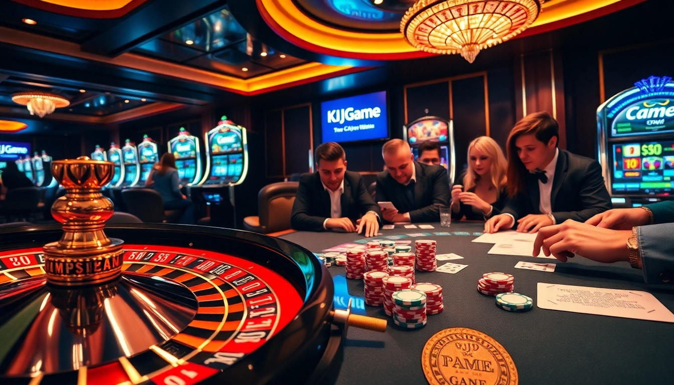 Players immersing in thrilling KJC game experiences at a luxury casino with roulette and poker tables.