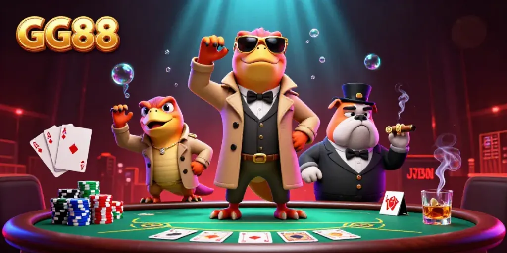 Experience the excitement at GG88 with cartoon raptors entering a VIP casino lounge