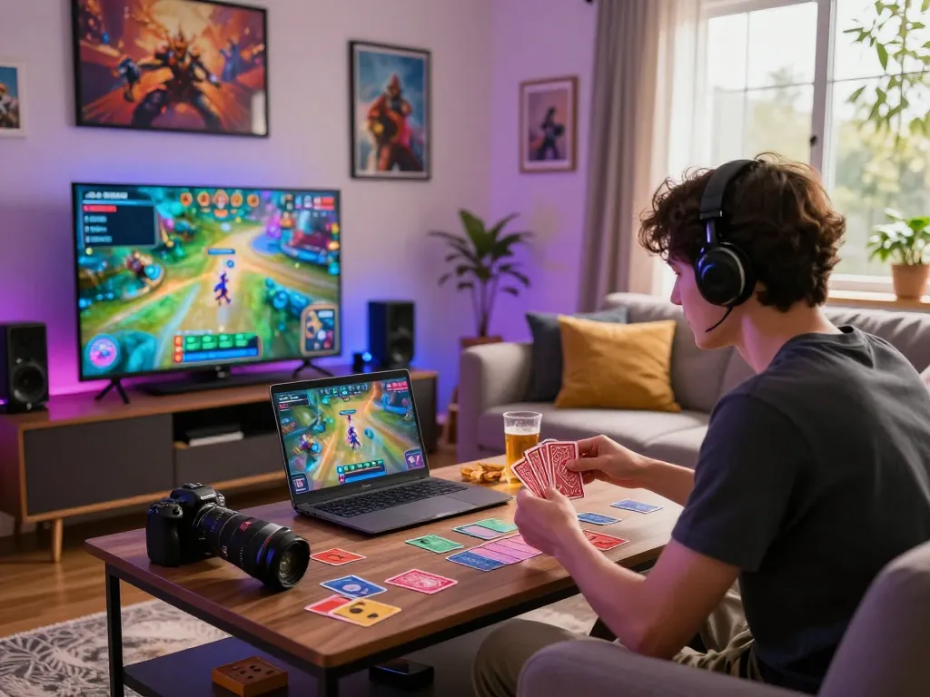 Exciting online gaming setup featuring Game bài on a laptop in a vibrant living room.
