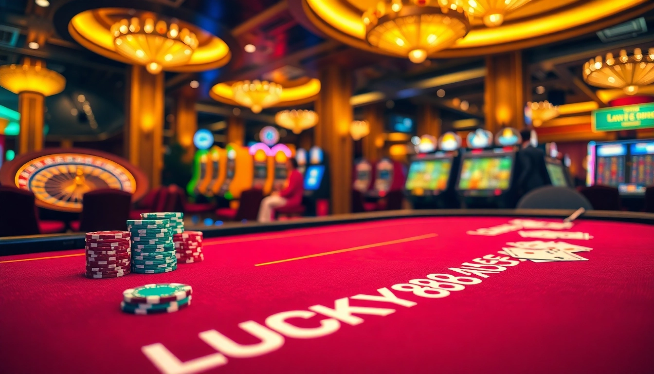 Players enjoy high-stakes action at LUCKY88 casino tables featuring vibrant slot machines.