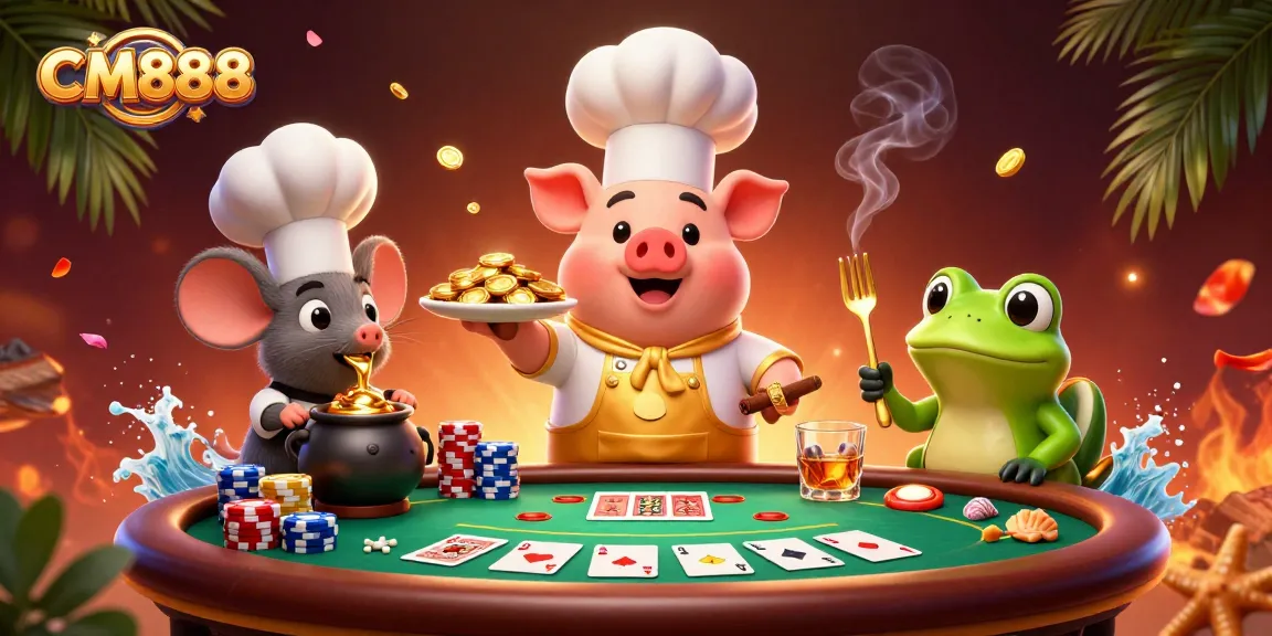 Join CM888's exciting casino scene with a chef pig serving gold coins amidst poker elements.