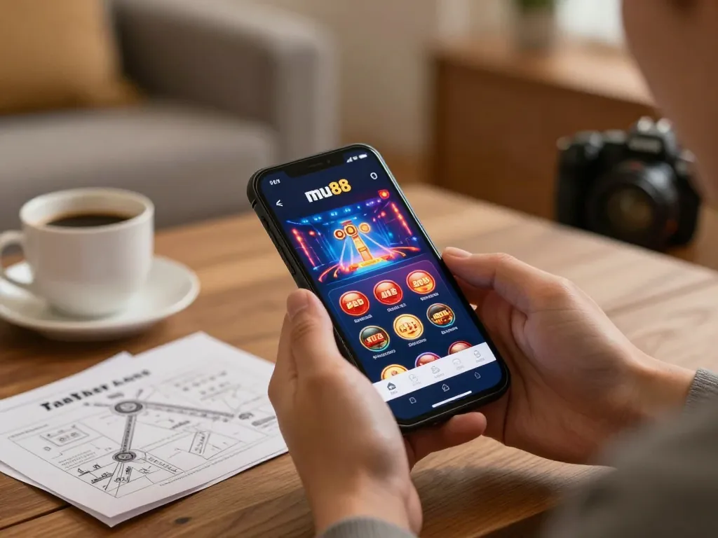 The app mu88 displayed on a smartphone, highlighting mobile gambling excitement in a cozy home setting.