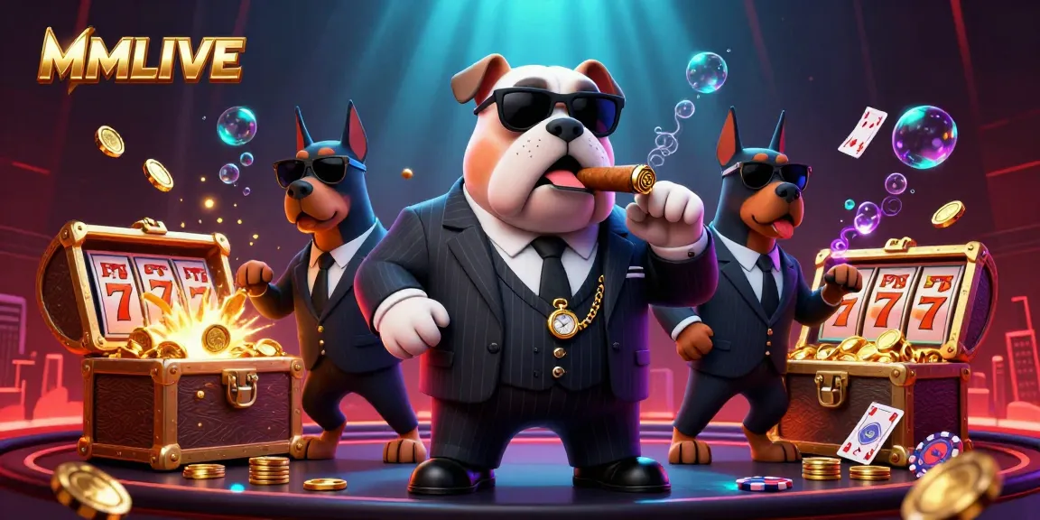 Experience the excitement of MMLIVE as a bulldog casino boss leads dynamic gambling action with floating playing cards and gold coins.