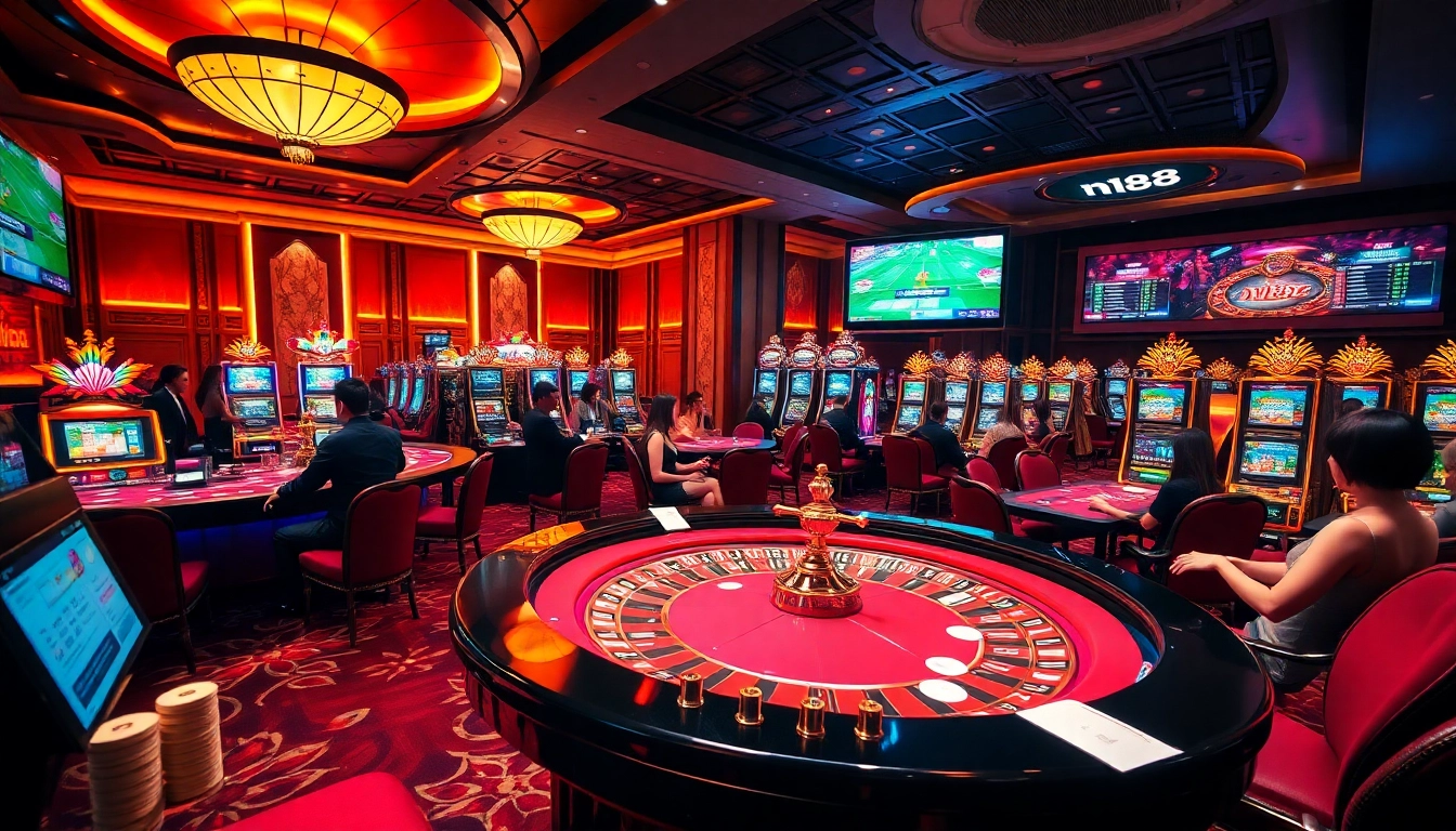 Join the thrilling action at n188 casino with vibrant gaming tables and excited players.