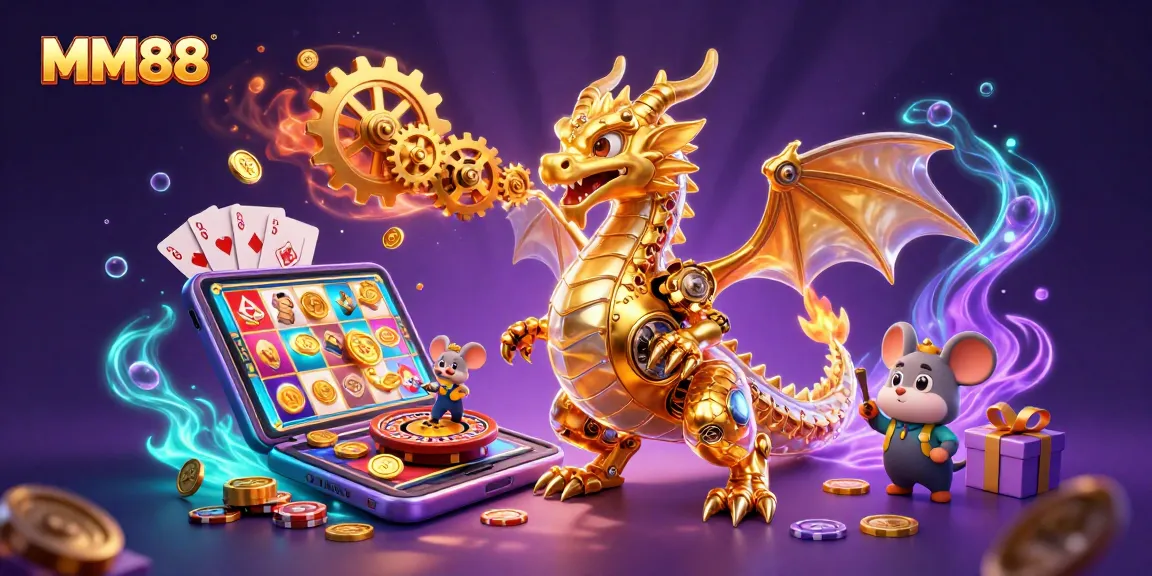 Engage in a vibrant gaming scene with MM88, featuring a biomechanical dragon, slot games, and golden coins.