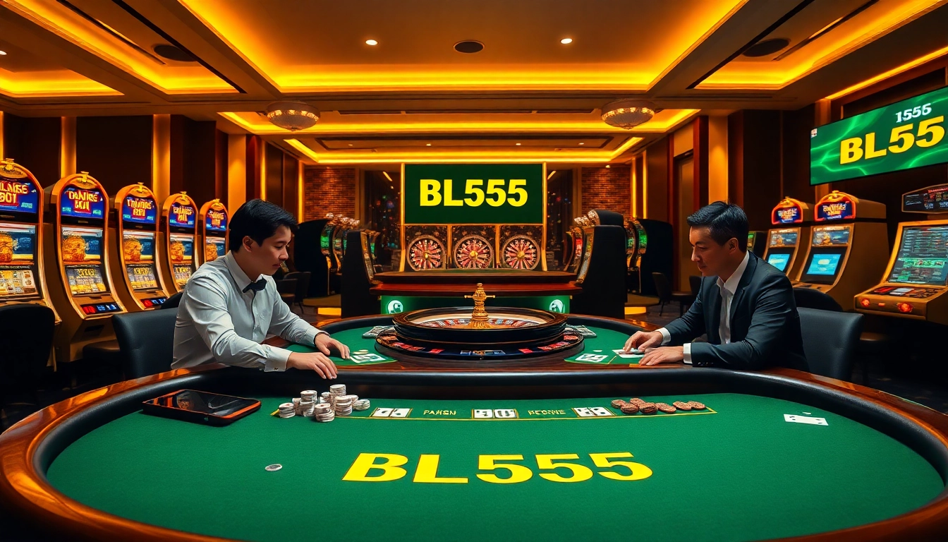 Experience the thrill of gaming at BL555 with an engaging casino scene featuring blackjack, roulette, and slot machines.