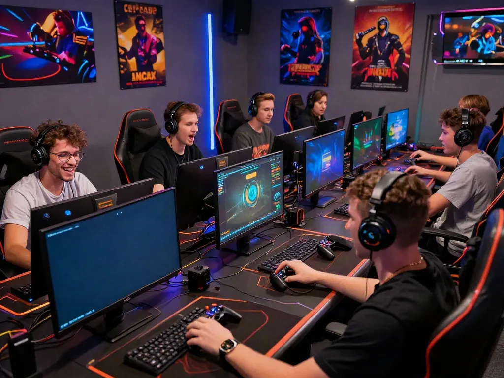Players enjoying a thrilling game at https://www.78wind.love/ amidst vibrant visuals and gaming gear.