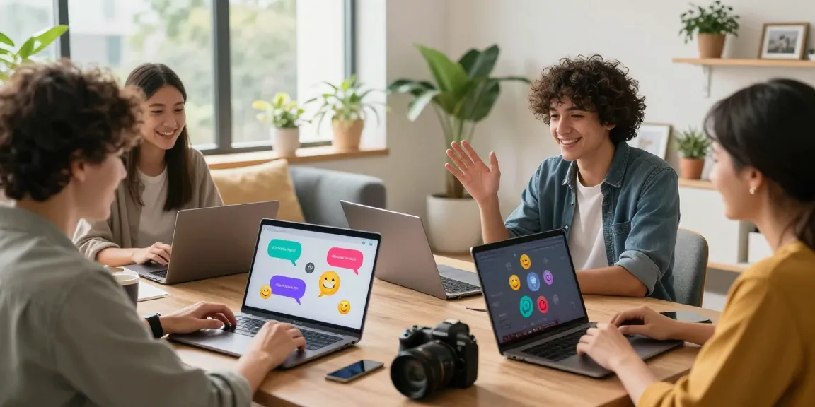 Engaging interaction showcasing young adults using sex chat AI in a modern virtual meeting space.